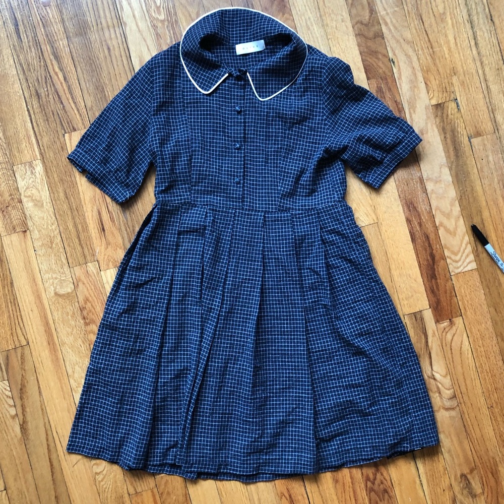 Olive Spring Midi Dress, Navy Checked, Cute Collar